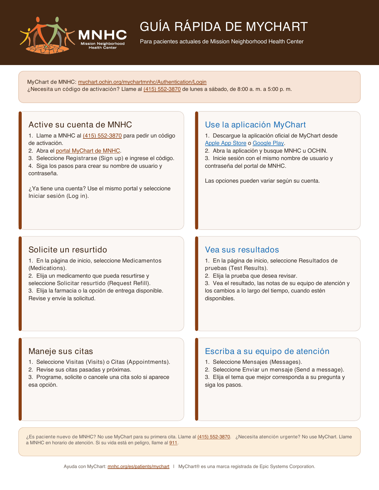 Vista previa de la guía rápida de MyChart de MNHC en español, de una página