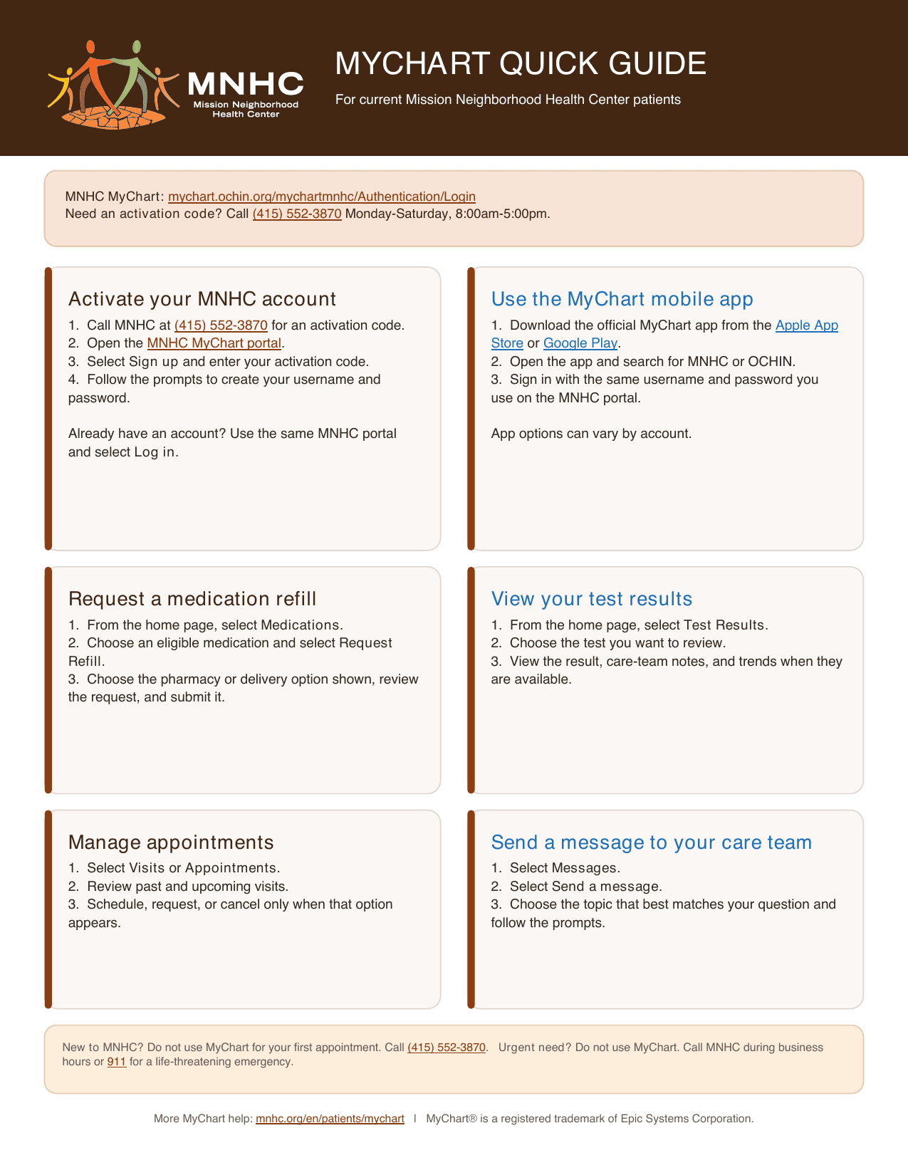 Preview of the one-page MNHC MyChart Quick Guide in English