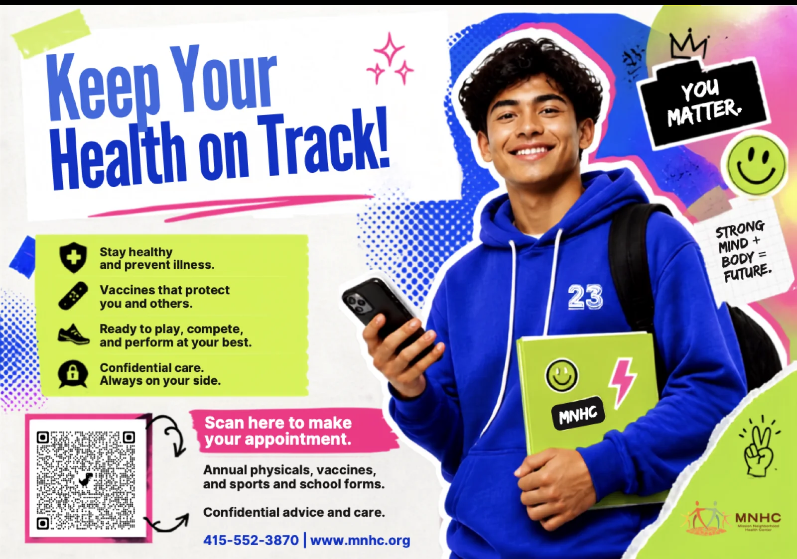 MNHC postcard: a smiling teen in a blue hoodie holds a notebook. Headline “Keep Your Health on Track!” with annual physicals, vaccines, sports and school forms, and confidential care.