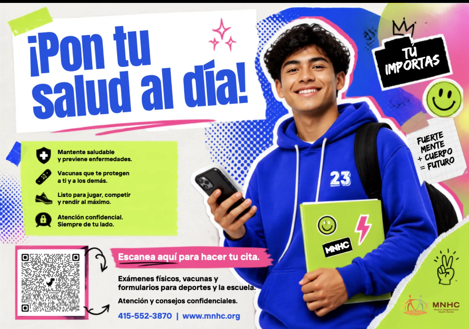 Postal de MNHC: un joven sonriente con sudadera azul sostiene un cuaderno. Titular “¡Pon tu salud al día!” con exámenes físicos, vacunas, formularios para deportes y la escuela, y atención confidencial.