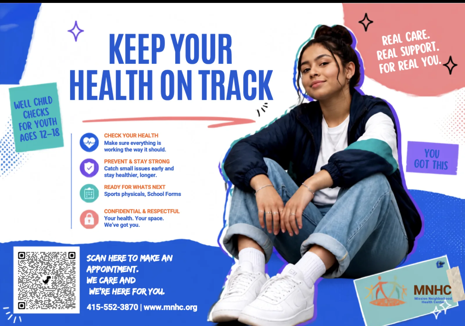 MNHC postcard: a seated teen smiles at the camera. Headline “Keep Your Health on Track” with well child checks, vaccines, sports physicals and school forms, and confidential, respectful care for ages 12 to 18.