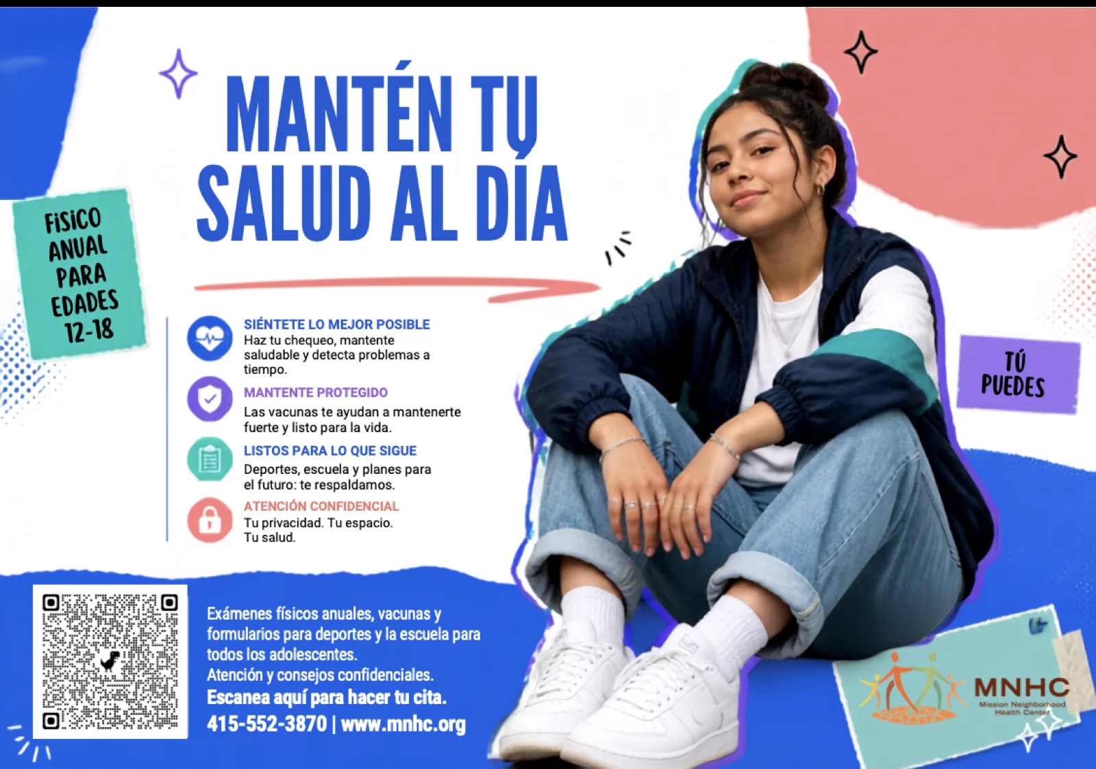 Postal de MNHC: una joven sentada sonríe a la cámara. Titular “Mantén tu salud al día” con chequeo anual, vacunas, deportes y escuela, y atención confidencial para edades 12 a 18.